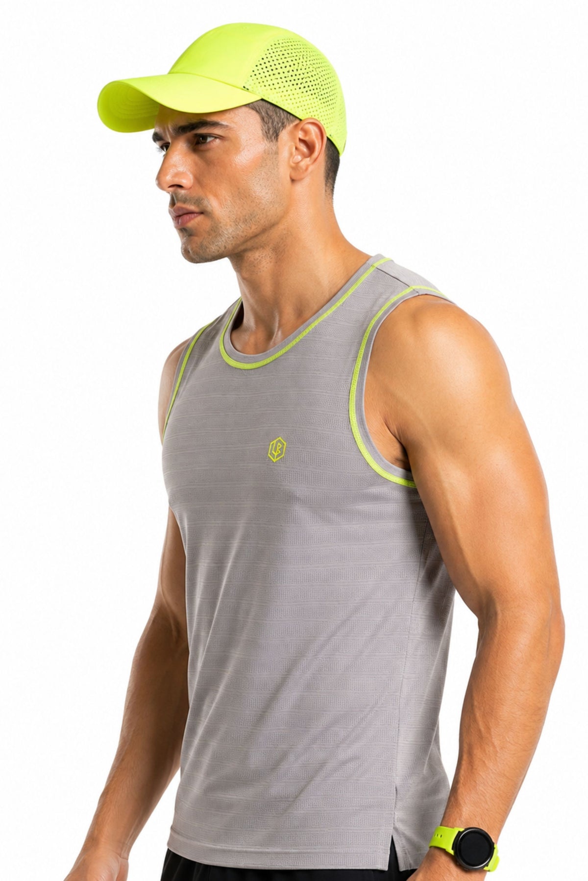 grey singlet with neon green stitch