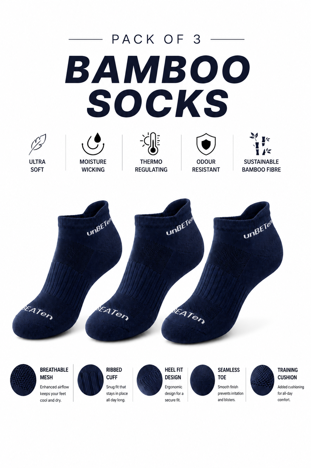 bamboo ankle socks - navy - 3 pack