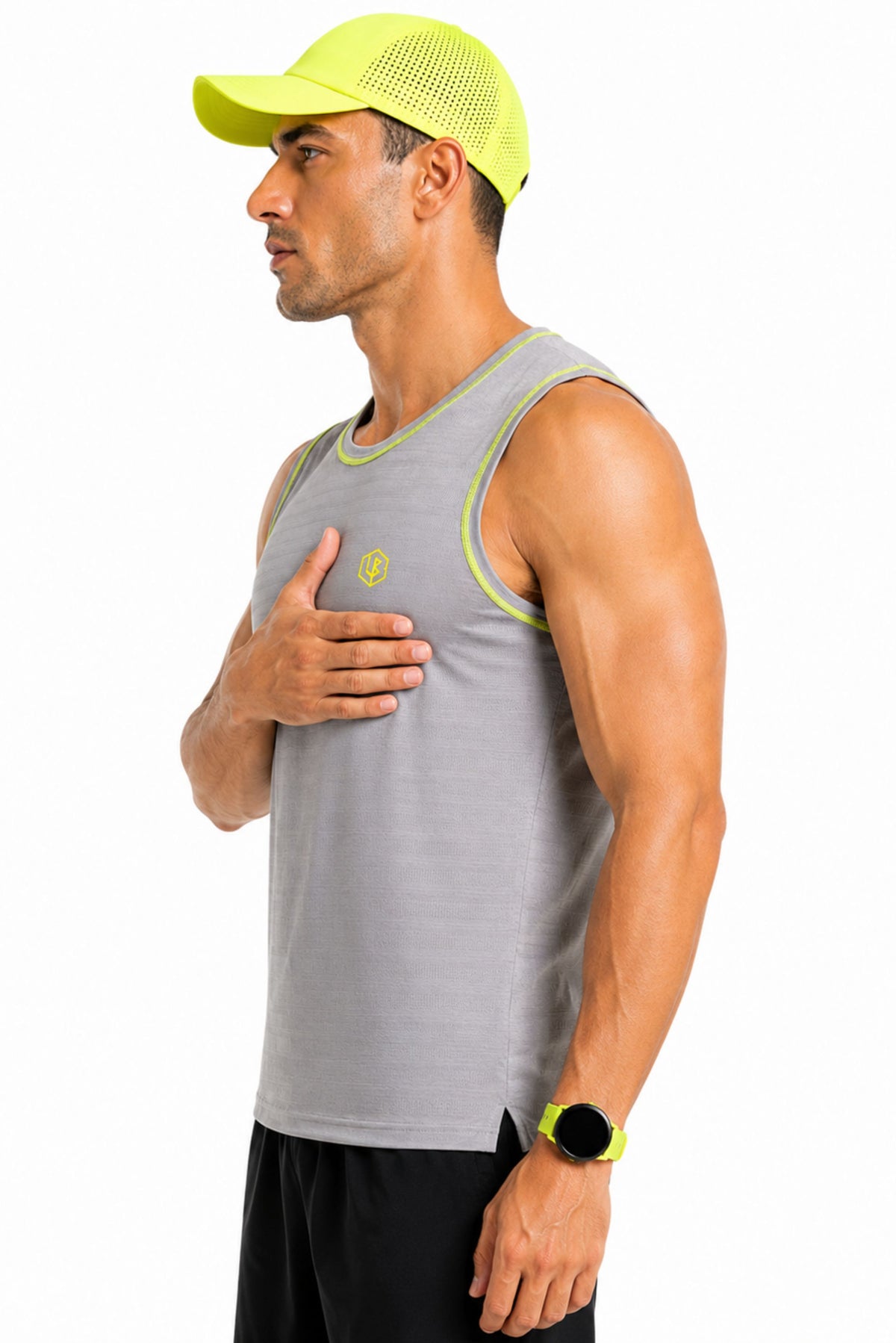 grey singlet with neon green stitch