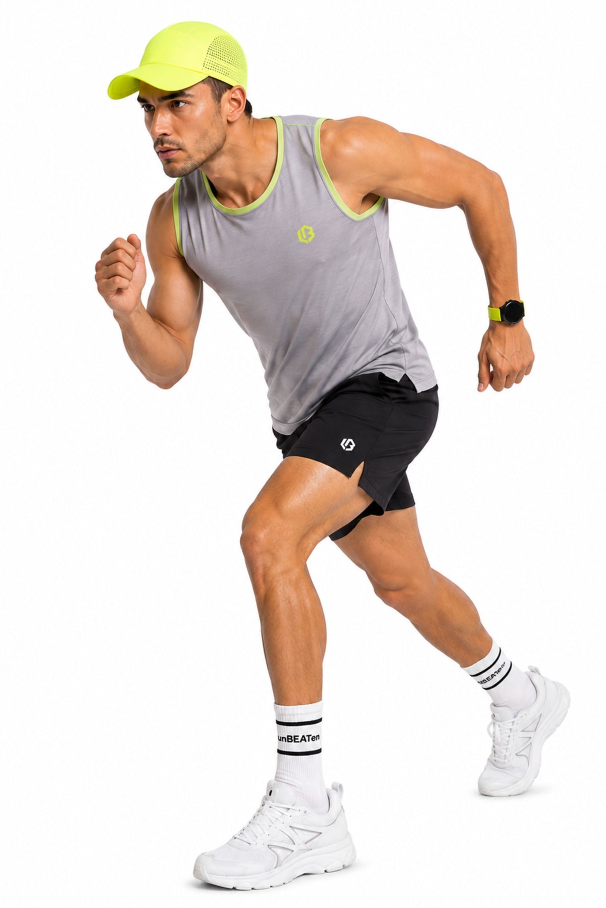 grey singlet with neon green stitch